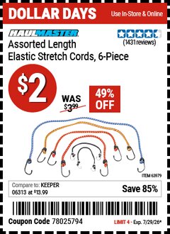 Harbor Freight Coupon HAUL-MASTER ASSORTED LENGTH ELASTIC STRETCH CORDS, 6-PIECE Lot No. 63979 Expired: 7/29/26 - $2