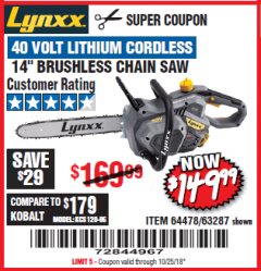Harbor Freight Coupon LYNXX 40 VOLT LITHIUM 14" CORDLESS CHAIN SAW Lot No. 63287/64478 Expired: 10/25/18 - $149.99
