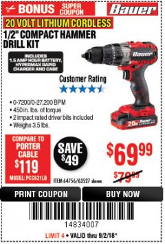 Harbor Freight Coupon BAUER 20 VOLT CORDLESS 1/2" COMPACT HAMMER DRILL KIT Lot No. 63527 Expired: 9/2/18 - $69.99