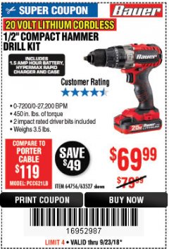 Harbor Freight Coupon BAUER 20 VOLT CORDLESS 1/2" COMPACT HAMMER DRILL KIT Lot No. 63527 Expired: 9/23/18 - $69.99