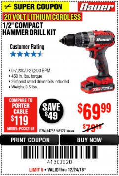 Harbor Freight Coupon BAUER 20 VOLT CORDLESS 1/2" COMPACT HAMMER DRILL KIT Lot No. 63527 Expired: 12/24/18 - $69.99