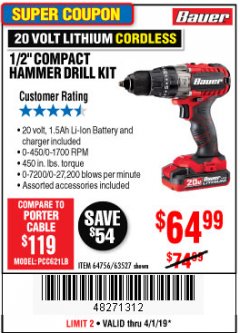 Harbor Freight Coupon BAUER 20 VOLT CORDLESS 1/2" COMPACT HAMMER DRILL KIT Lot No. 63527 Expired: 4/1/19 - $64.99