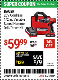 Harbor Freight Coupon BAUER 20 VOLT CORDLESS 1/2" COMPACT HAMMER DRILL KIT Lot No. 63527 Expired: 3/13/22 - $59.99