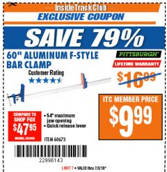 Harbor Freight ITC Coupon 60" ALUMINIUM F-STYLE BAR CLAMP Lot No. 60673 Expired: 7/3/18 - $9.99