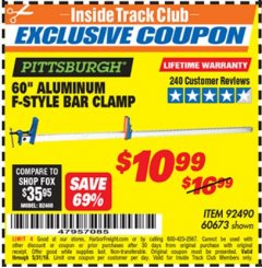 Harbor Freight ITC Coupon 60" ALUMINIUM F-STYLE BAR CLAMP Lot No. 60673 Expired: 5/31/19 - $10.99