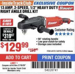 Harbor Freight ITC Coupon BAUER 1/2" HEAVY DUTY RIGHT ANGLE DRILL KIT Lot No. 63062/64121 Expired: 2/18/20 - $129.99