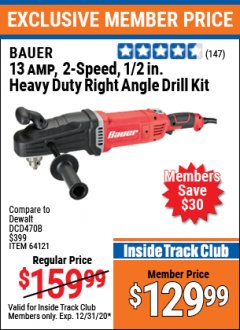 Harbor Freight ITC Coupon BAUER 1/2" HEAVY DUTY RIGHT ANGLE DRILL KIT Lot No. 63062/64121 Expired: 12/31/20 - $129.99