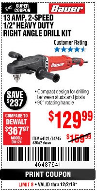 Harbor Freight Coupon BAUER 13 AMP, 1/2 IN., 2-SPEED RIGHT-ANGLE DRILL KIT Lot No. 64121/63062 Expired: 12/2/18 - $129.99