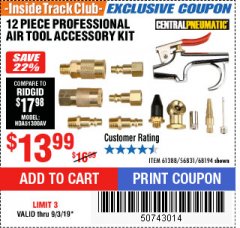 Harbor Freight ITC Coupon CENTRAL PNEUMATIC BRASS AIR TOOL ACCESSORY KIT, 12-PIECE Lot No. 68194 Expired: 9/3/19 - $13.99