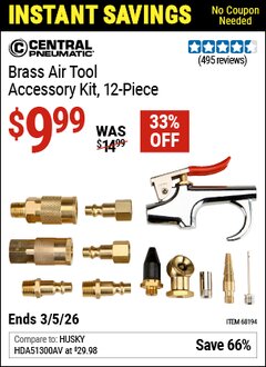 Harbor Freight Coupon CENTRAL PNEUMATIC BRASS AIR TOOL ACCESSORY KIT, 12-PIECE Lot No. 68194 Valid Thru: 3/5/26 - $9.99