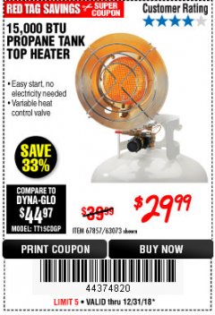 Harbor Freight Coupon ONE STOP GARDENS WINTER 15,000 BTU TANK TOP PROPANE HEATER Lot No. 59674 Expired: 12/31/18 - $29.99