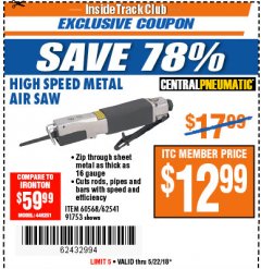 Harbor Freight ITC Coupon HIGH SPEED METAL SAW Lot No. 60568/62541/91753 Expired: 5/22/18 - $12.99