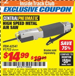 Harbor Freight ITC Coupon HIGH SPEED METAL SAW Lot No. 60568/62541/91753 Expired: 11/30/18 - $14.99