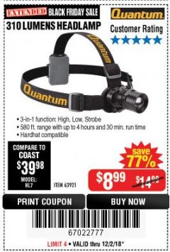 Harbor Freight Coupon 310 LUMEN HEADLAMP Lot No. 63921 Expired: 12/2/18 - $8.99