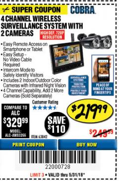 Harbor Freight Coupon 4 CHANNEL WIRELESS SURVEILLANCE SYSTEM WITH 2 CAMERAS Lot No. 63842 Expired: 5/31/18 - $219.99