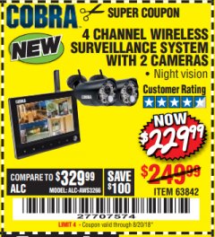Harbor Freight Coupon 4 CHANNEL WIRELESS SURVEILLANCE SYSTEM WITH 2 CAMERAS Lot No. 63842 Expired: 8/20/18 - $229.99