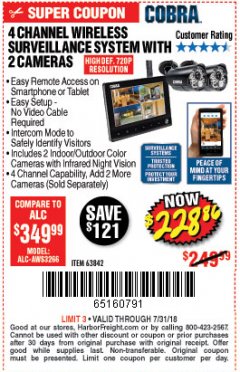 Harbor Freight Coupon 4 CHANNEL WIRELESS SURVEILLANCE SYSTEM WITH 2 CAMERAS Lot No. 63842 Expired: 7/31/18 - $228.86