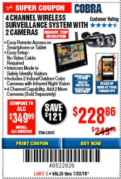 Harbor Freight Coupon 4 CHANNEL WIRELESS SURVEILLANCE SYSTEM WITH 2 CAMERAS Lot No. 63842 Expired: 7/22/18 - $228.86