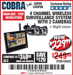 Harbor Freight Coupon 4 CHANNEL WIRELESS SURVEILLANCE SYSTEM WITH 2 CAMERAS Lot No. 63842 Expired: 10/25/18 - $229.99