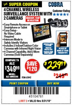 Harbor Freight Coupon 4 CHANNEL WIRELESS SURVEILLANCE SYSTEM WITH 2 CAMERAS Lot No. 63842 Expired: 8/31/18 - $229.99
