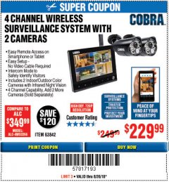 Harbor Freight Coupon 4 CHANNEL WIRELESS SURVEILLANCE SYSTEM WITH 2 CAMERAS Lot No. 63842 Expired: 8/26/18 - $229.99
