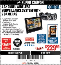 Harbor Freight Coupon 4 CHANNEL WIRELESS SURVEILLANCE SYSTEM WITH 2 CAMERAS Lot No. 63842 Expired: 10/28/18 - $229.99