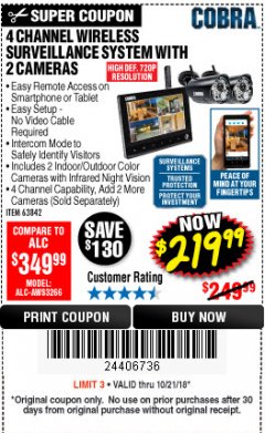 Harbor Freight Coupon 4 CHANNEL WIRELESS SURVEILLANCE SYSTEM WITH 2 CAMERAS Lot No. 63842 Expired: 10/21/18 - $219.99