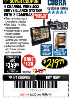 Harbor Freight Coupon 4 CHANNEL WIRELESS SURVEILLANCE SYSTEM WITH 2 CAMERAS Lot No. 63842 Expired: 11/30/18 - $219.99
