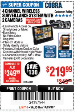 Harbor Freight Coupon 4 CHANNEL WIRELESS SURVEILLANCE SYSTEM WITH 2 CAMERAS Lot No. 63842 Expired: 11/25/18 - $219.99