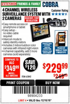 Harbor Freight Coupon 4 CHANNEL WIRELESS SURVEILLANCE SYSTEM WITH 2 CAMERAS Lot No. 63842 Expired: 12/16/18 - $229.99
