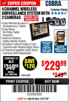 Harbor Freight Coupon 4 CHANNEL WIRELESS SURVEILLANCE SYSTEM WITH 2 CAMERAS Lot No. 63842 Expired: 1/27/19 - $229.99