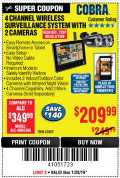 Harbor Freight Coupon 4 CHANNEL WIRELESS SURVEILLANCE SYSTEM WITH 2 CAMERAS Lot No. 63842 Expired: 1/20/19 - $209.99
