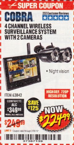 Harbor Freight Coupon 4 CHANNEL WIRELESS SURVEILLANCE SYSTEM WITH 2 CAMERAS Lot No. 63842 Expired: 2/28/19 - $224.99