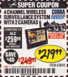 Harbor Freight Coupon 4 CHANNEL WIRELESS SURVEILLANCE SYSTEM WITH 2 CAMERAS Lot No. 63842 Expired: 6/30/19 - $219.99