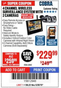 Harbor Freight Coupon 4 CHANNEL WIRELESS SURVEILLANCE SYSTEM WITH 2 CAMERAS Lot No. 63842 Expired: 6/30/19 - $229.99