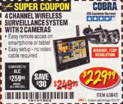 Harbor Freight Coupon 4 CHANNEL WIRELESS SURVEILLANCE SYSTEM WITH 2 CAMERAS Lot No. 63842 Expired: 7/31/19 - $229.99