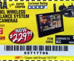 Harbor Freight Coupon 4 CHANNEL WIRELESS SURVEILLANCE SYSTEM WITH 2 CAMERAS Lot No. 63842 Expired: 10/17/19 - $229.99