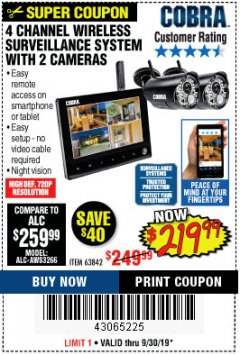 Harbor Freight Coupon 4 CHANNEL WIRELESS SURVEILLANCE SYSTEM WITH 2 CAMERAS Lot No. 63842 Expired: 9/30/19 - $219.99