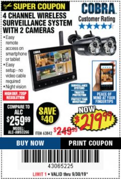 Harbor Freight Coupon 4 CHANNEL WIRELESS SURVEILLANCE SYSTEM WITH 2 CAMERAS Lot No. 63842 Expired: 9/30/19 - $219.99