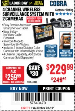 Harbor Freight Coupon 4 CHANNEL WIRELESS SURVEILLANCE SYSTEM WITH 2 CAMERAS Lot No. 63842 Expired: 9/8/19 - $229.99