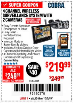 Harbor Freight Coupon 4 CHANNEL WIRELESS SURVEILLANCE SYSTEM WITH 2 CAMERAS Lot No. 63842 Expired: 10/6/19 - $219.99