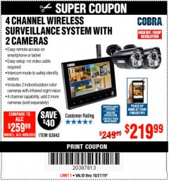Harbor Freight Coupon 4 CHANNEL WIRELESS SURVEILLANCE SYSTEM WITH 2 CAMERAS Lot No. 63842 Expired: 10/27/19 - $219.99