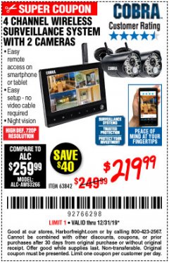 Harbor Freight Coupon 4 CHANNEL WIRELESS SURVEILLANCE SYSTEM WITH 2 CAMERAS Lot No. 63842 Expired: 12/31/19 - $219.99