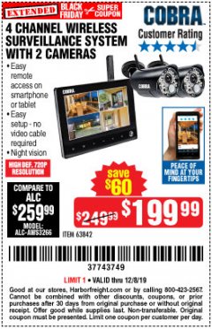 Harbor Freight Coupon 4 CHANNEL WIRELESS SURVEILLANCE SYSTEM WITH 2 CAMERAS Lot No. 63842 Expired: 12/8/19 - $199.99