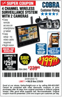 Harbor Freight Coupon 4 CHANNEL WIRELESS SURVEILLANCE SYSTEM WITH 2 CAMERAS Lot No. 63842 Expired: 2/29/20 - $199.99