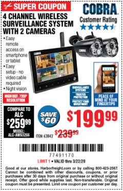 Harbor Freight Coupon 4 CHANNEL WIRELESS SURVEILLANCE SYSTEM WITH 2 CAMERAS Lot No. 63842 Expired: 3/22/20 - $199.99
