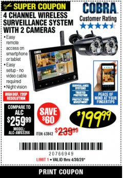 Harbor Freight Coupon 4 CHANNEL WIRELESS SURVEILLANCE SYSTEM WITH 2 CAMERAS Lot No. 63842 Expired: 6/30/20 - $199.99