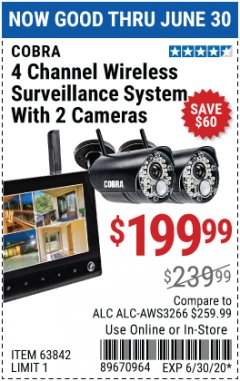 Harbor Freight Coupon 4 CHANNEL WIRELESS SURVEILLANCE SYSTEM WITH 2 CAMERAS Lot No. 63842 Expired: 6/30/20 - $199.99