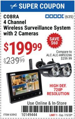 Harbor Freight Coupon 4 CHANNEL WIRELESS SURVEILLANCE SYSTEM WITH 2 CAMERAS Lot No. 63842 Expired: 7/5/20 - $199.99
