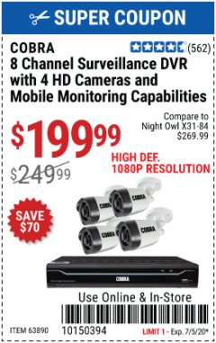 Harbor Freight Coupon 4 CHANNEL WIRELESS SURVEILLANCE SYSTEM WITH 2 CAMERAS Lot No. 63842 Expired: 7/5/20 - $199.99